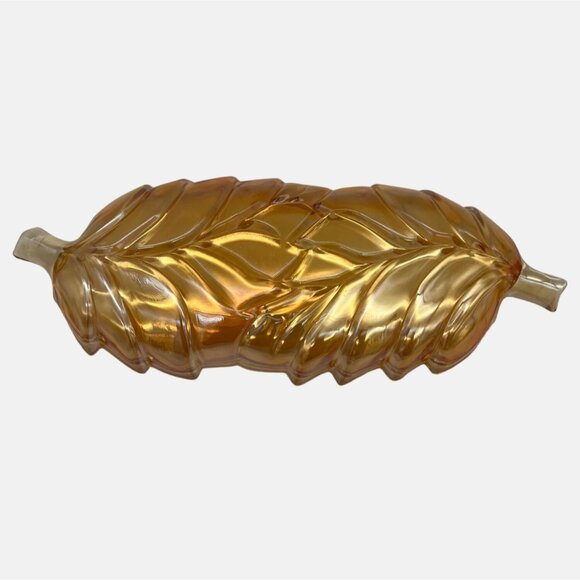 Vintage Leaf-Shaped Carnival Glass Dish Double Stems Marigold 11" x 4.5" Snack - Picture 5 of 7